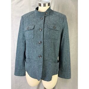 Olsen Europe Teal Fine Tweed Wool Silk Jacket Size 12 Military Chic City